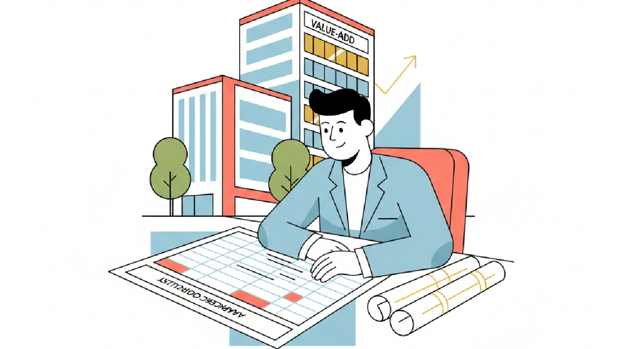 Flat vector illustration about Value-Add Office Underwriting: Assumptions Checklist for commercial real estate professionals