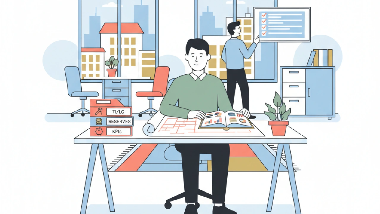 Flat vector illustration about CRE Asset Management Checklist: TI/LC, Reserves, KPIs for commercial real estate professionals