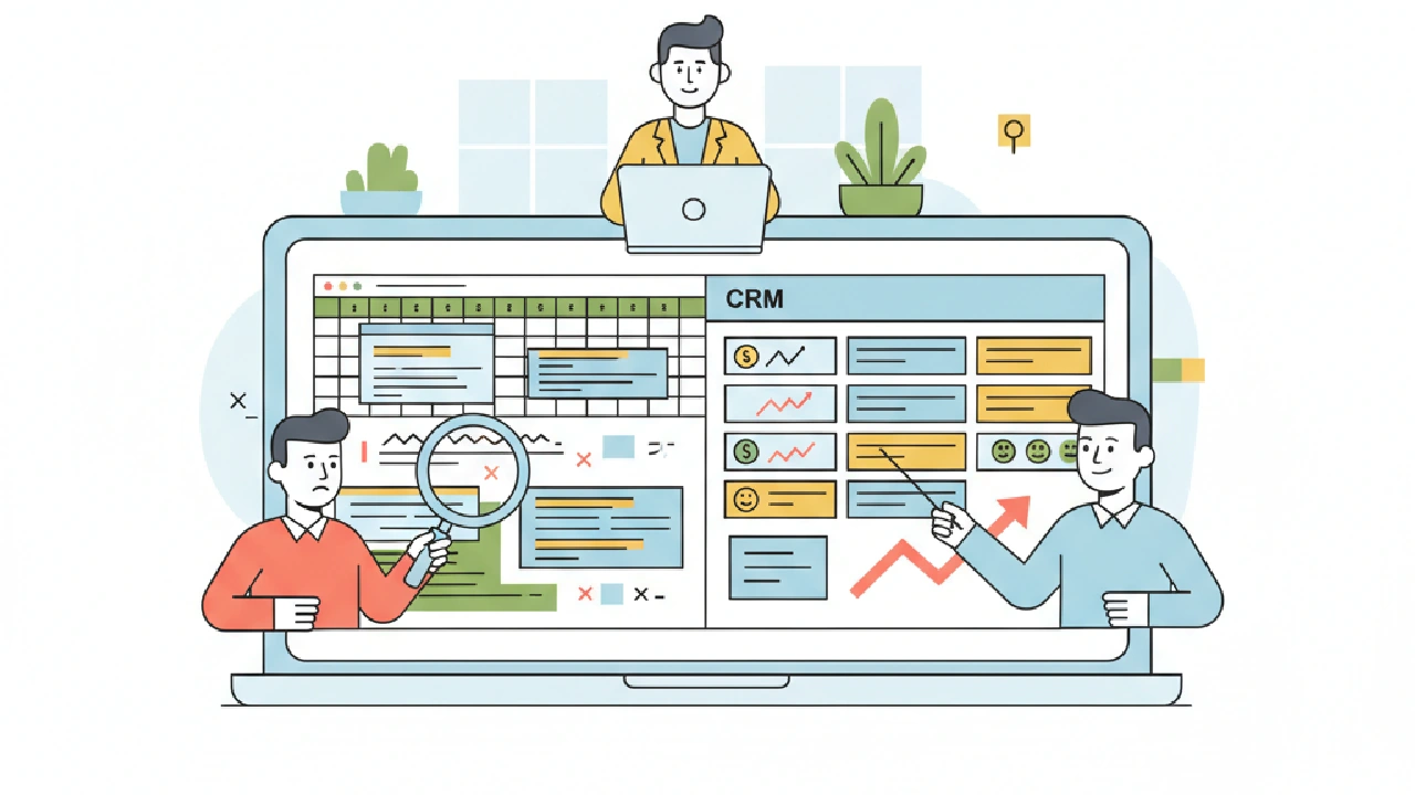 Flat vector illustration about Spreadsheet vs CRM Real Estate: When You've Outgrown Excel for commercial real estate professi