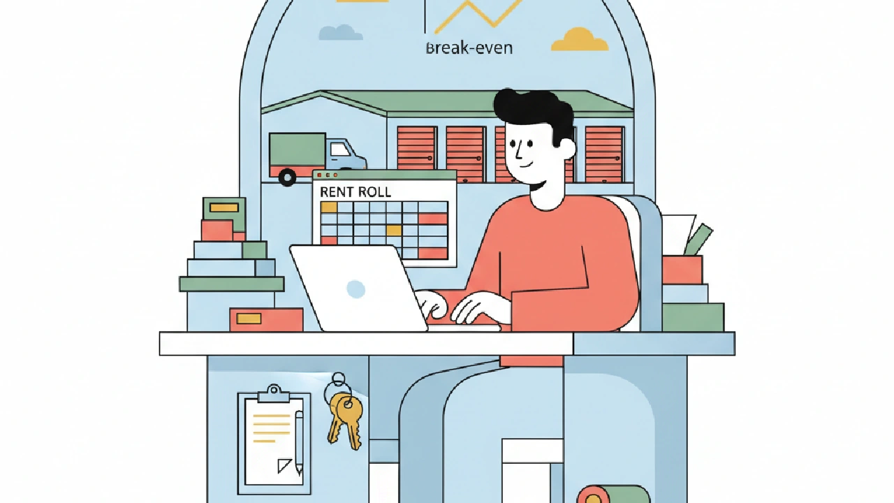 Flat vector illustration about Self-Storage Underwriting: Rent Roll to Break-Even for commercial real estate professionals