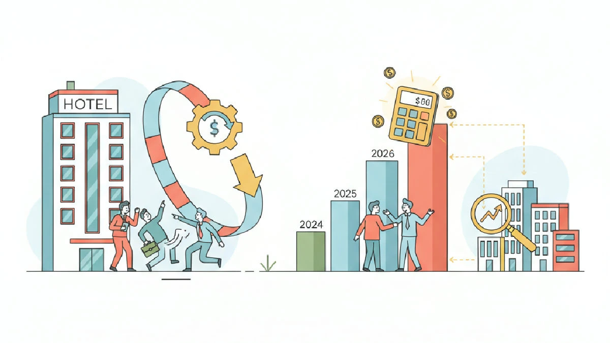 Flat vector illustration about Hotels In 2026: Cyclical Whiplash And Where The Numbers Work for commercial real estate profes