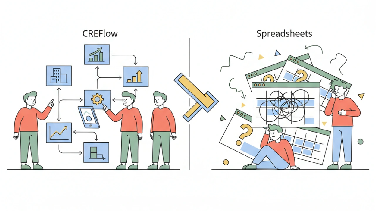 Vector illustration: Two hands, one on a keyboard and another on a tablet, comparing real estate data.