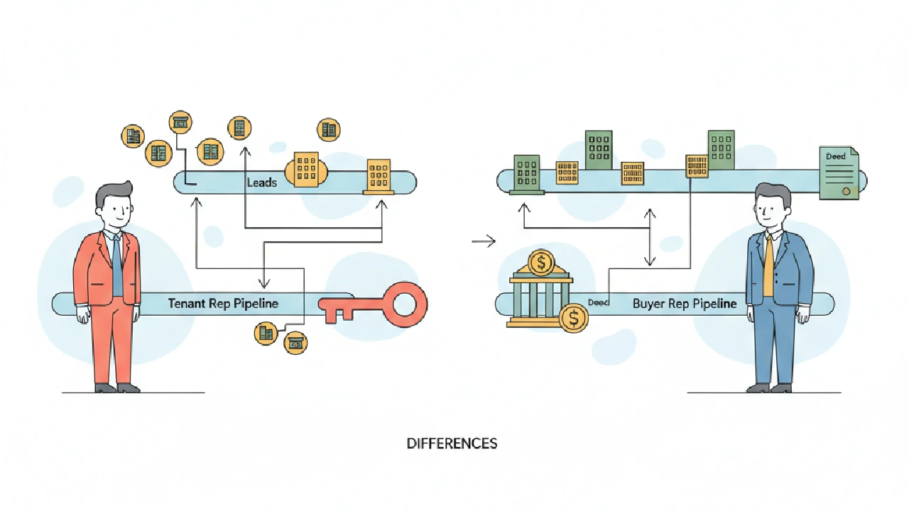 Illustration of two distinct pipelines, one labeled 'Tenant Rep' and the other 'Buyer Rep,' with buildings in the background.