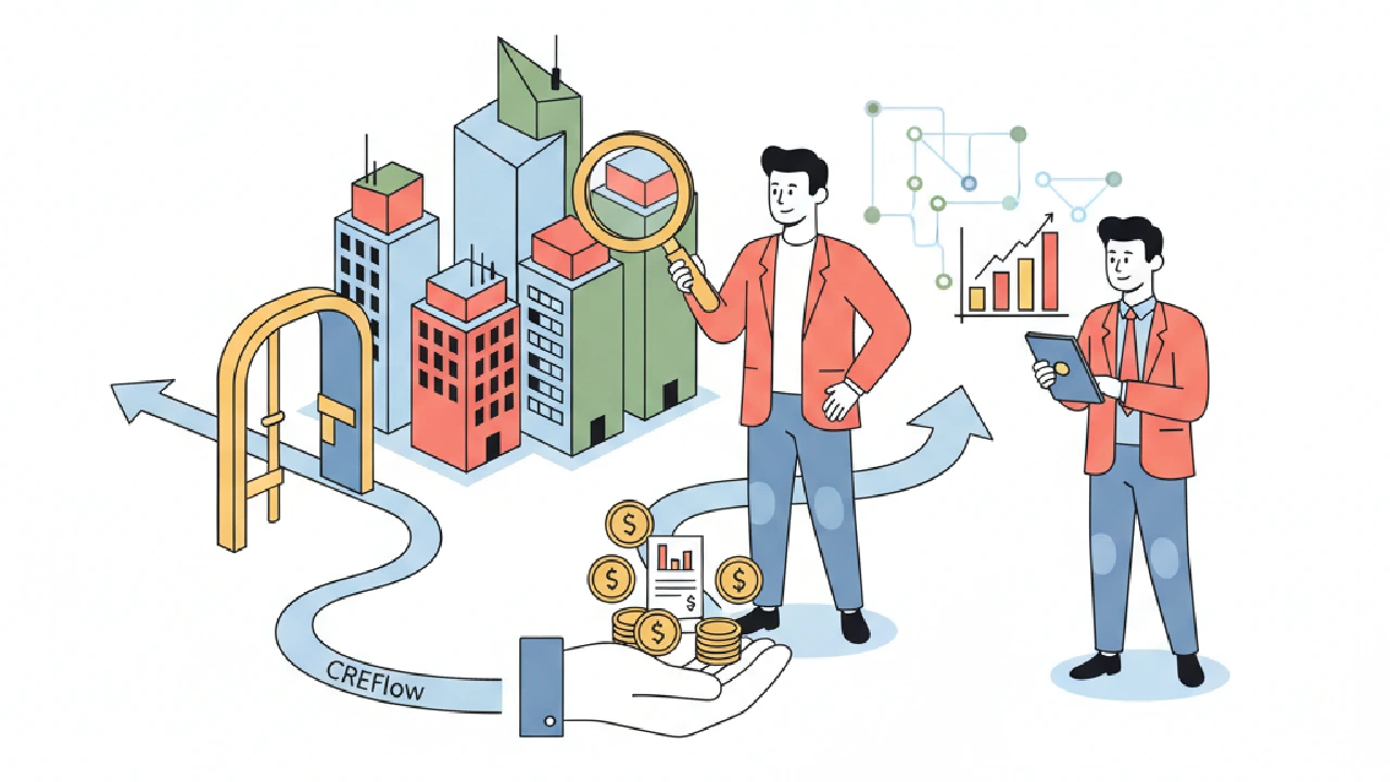 Flat vector illustration. A stylized investor holds a magnifying glass over a building, representing deal capture.
