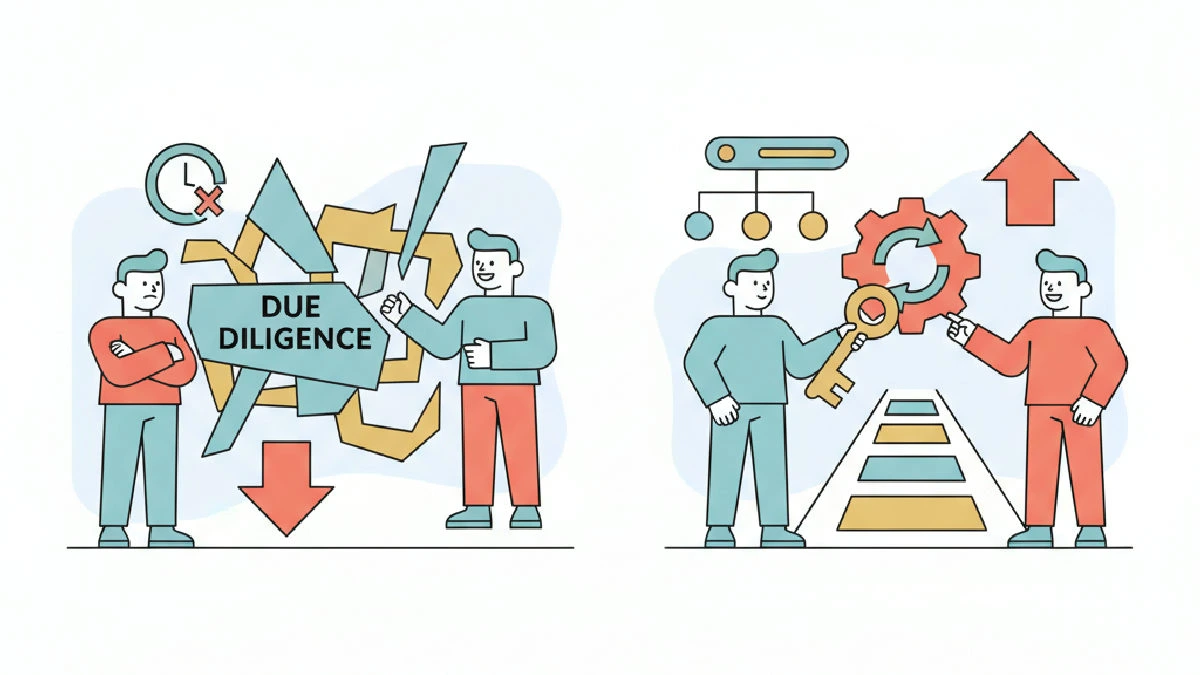 Flat vector illustration about How to keep due diligence stalling deal — fixes for operators for commercial real estate profe