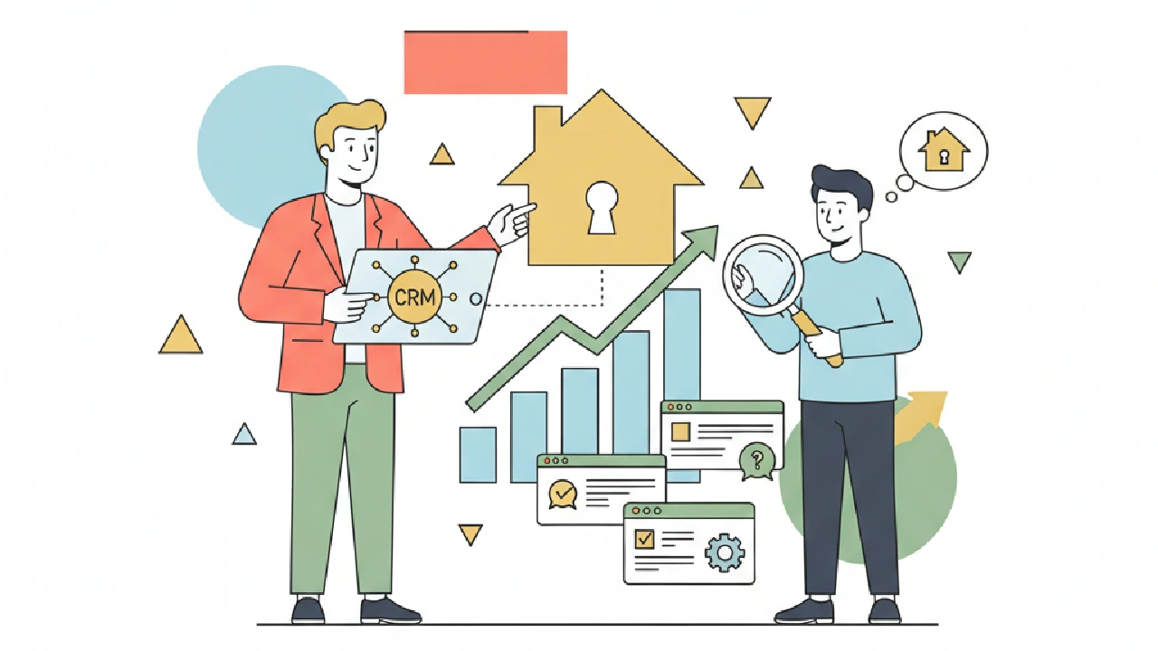 Flat vector illustration: Two brokers discuss options while looking at a laptop with a building icon on screen.