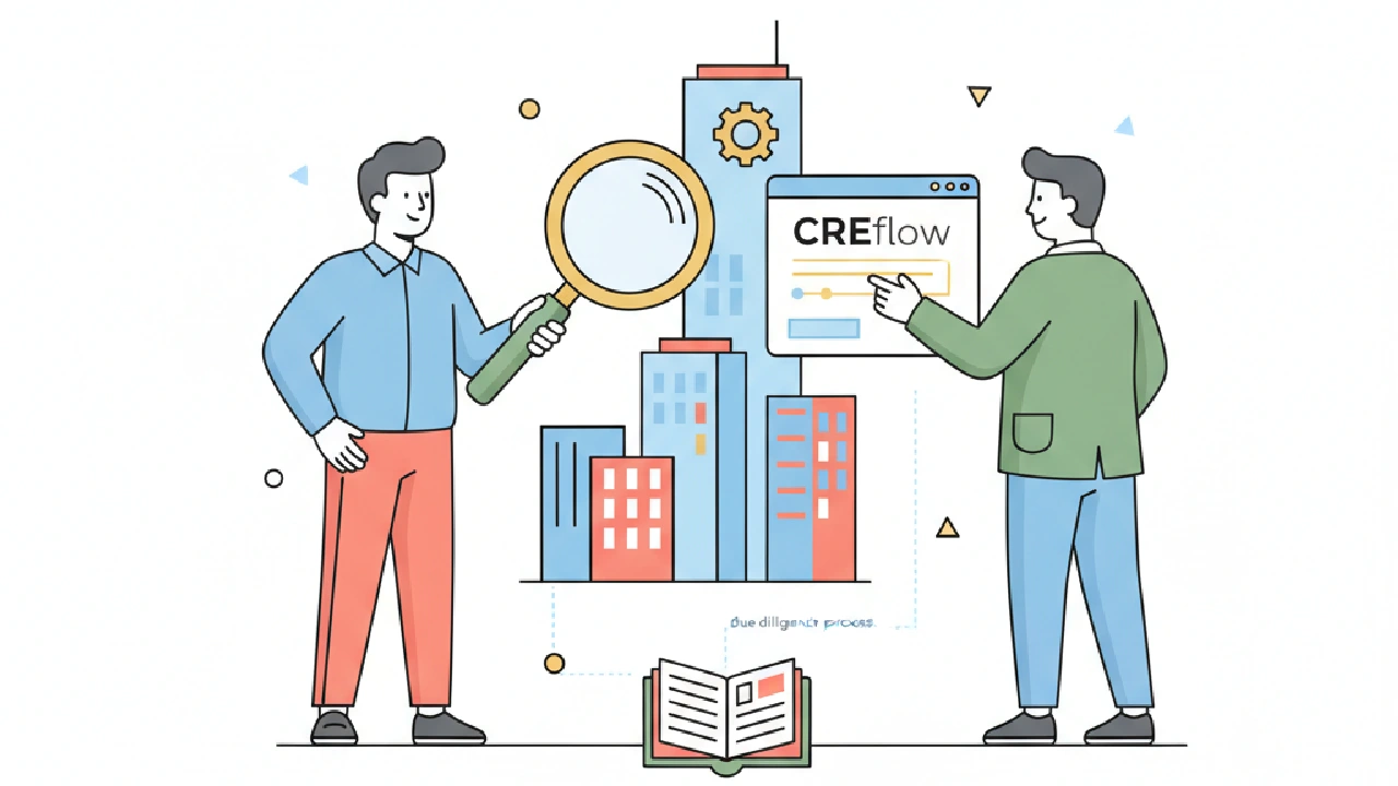 A vector illustration depicts a commercial real estate investor in front of buildings, holding a blueprint and a tablet with 