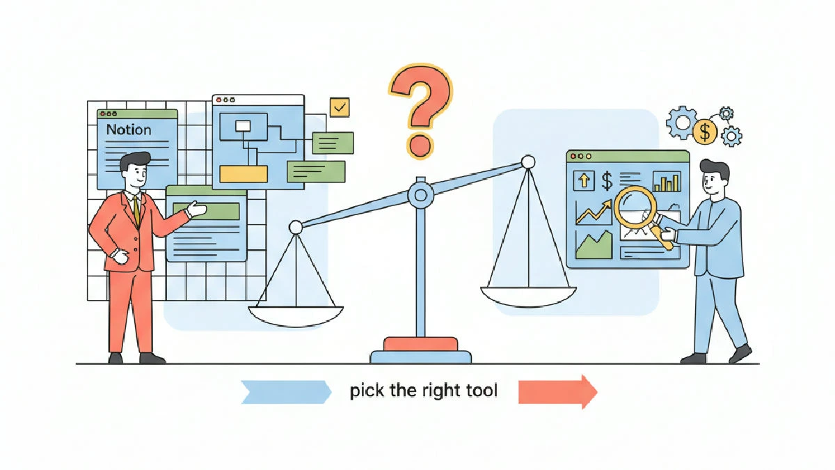 Flat vector illustration about Notion vs dedicated deal flow software: pick the right tool for acquisitions for commercial re