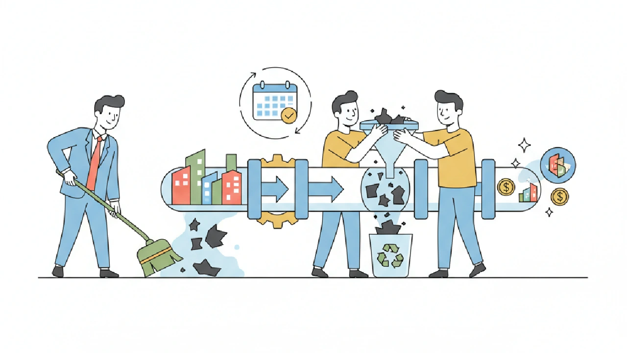 Flat vector illustration about CREflow Setup: Keeping Your Pipeline Clean, Week In, Week Out for commercial real estate profe