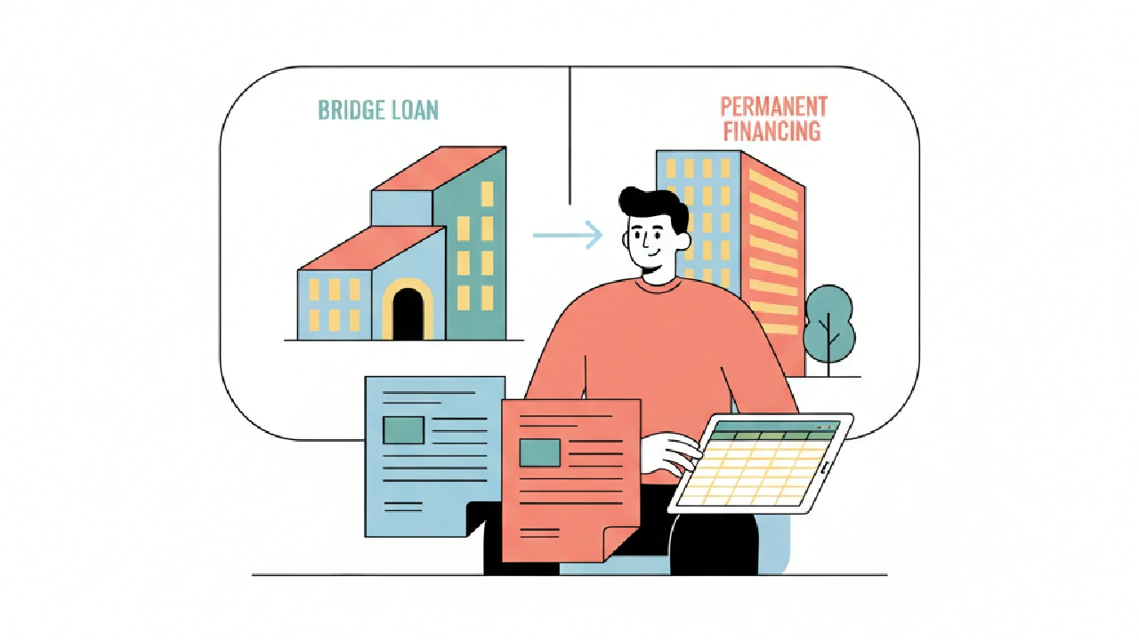 Flat vector illustration about Commercial Bridge Loan vs Permanent Financing for 2–10M Deals for commercial real estate profe