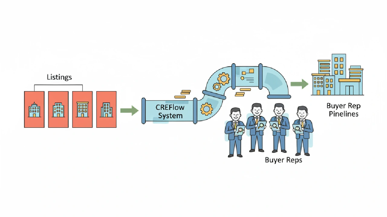 A flat vector illustration shows a commercial real estate broker, laptop, and skyscraper, representing managing listings and 