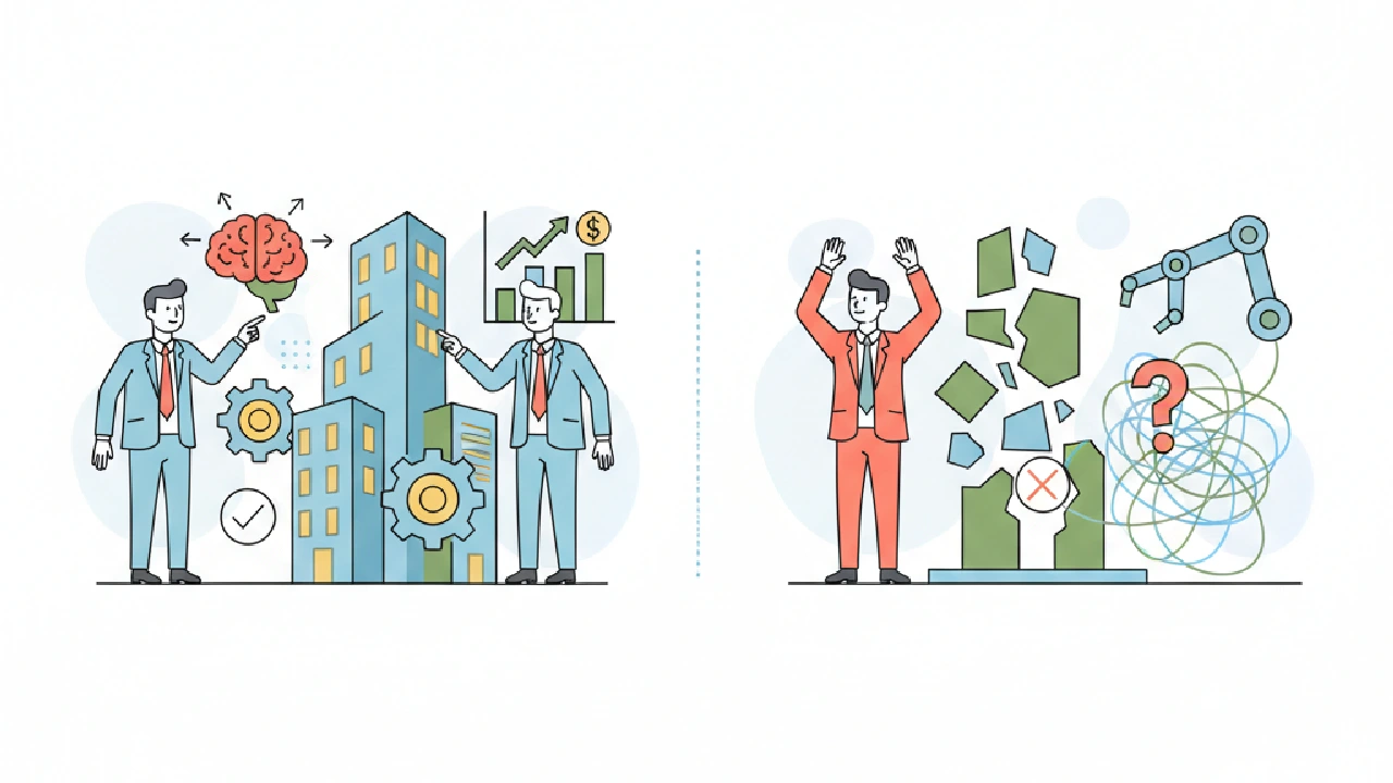 Vector illustration shows a city skyline, a magnifying glass hovering over a building, and a green checkmark next to a red X.
