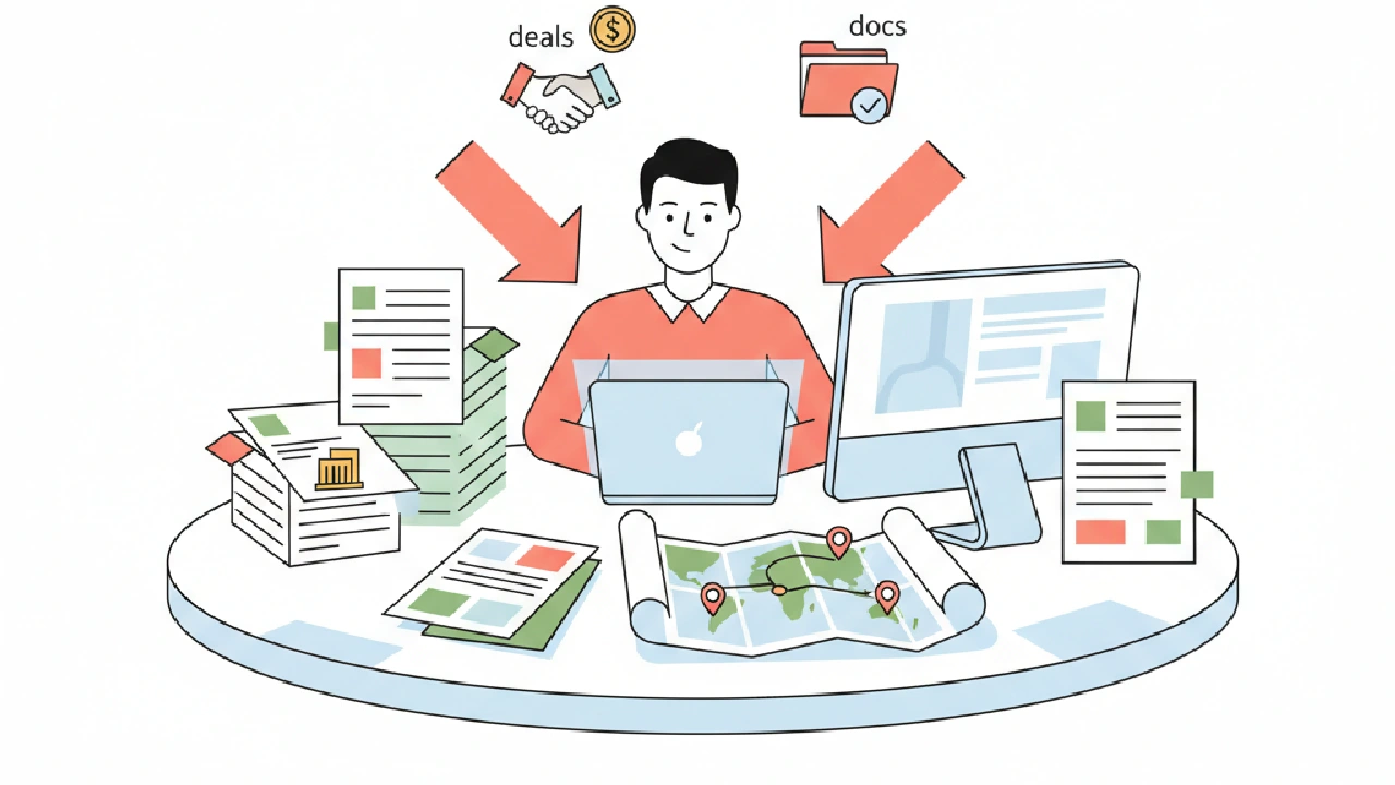 Vector illustration: a multi-story commercial building and abstract data visualizations, representing deal and document centr