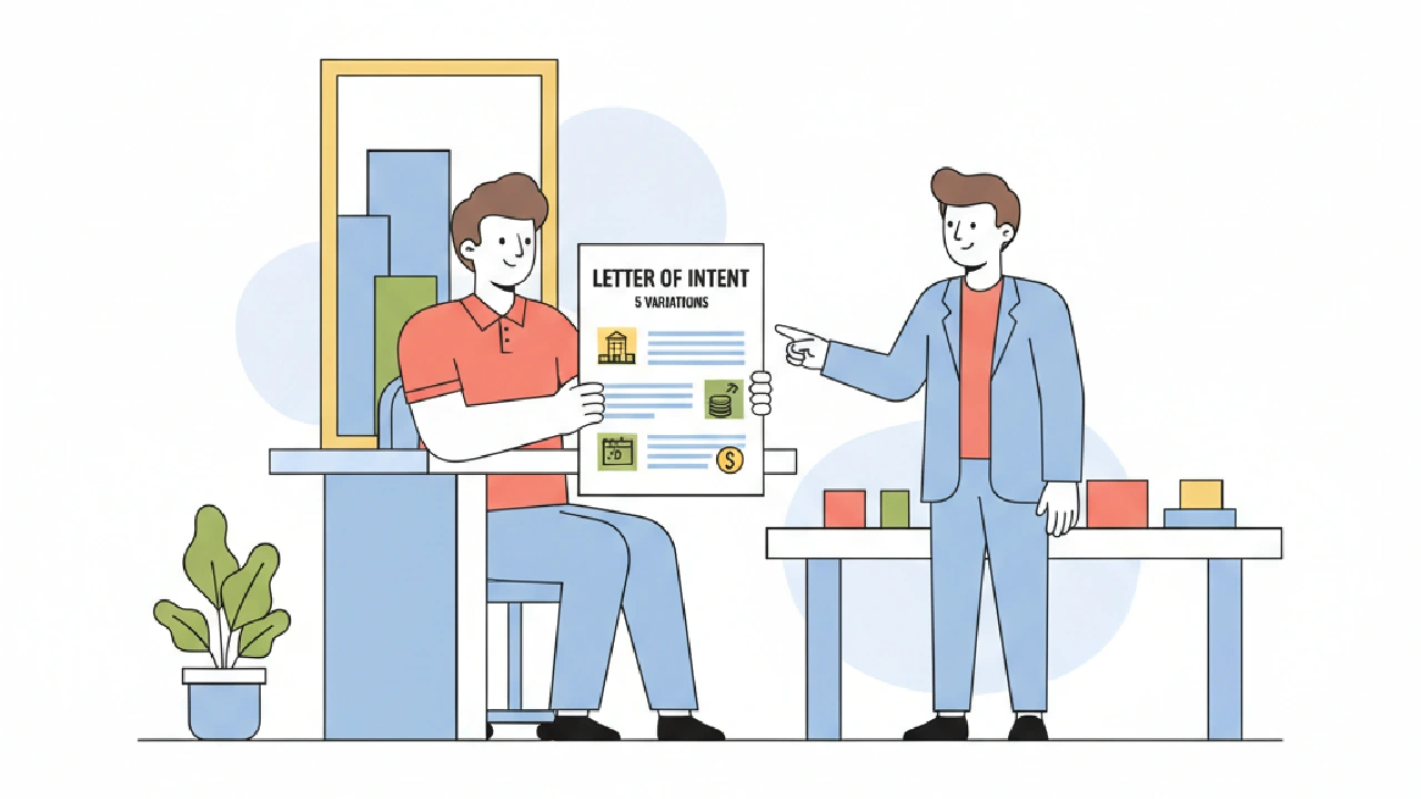 Flat vector illustration showing five variations of LOI templates on a desk with commercial real estate graphics.