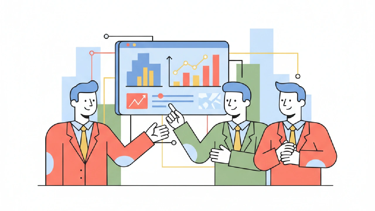 Vector illustration of diverse people collaborating around a stylized building, symbolizing commercial real estate investment