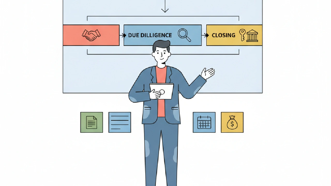 Vector illustration showing a commercial real estate pipeline with a magnifying glass hovering over various deal stages.