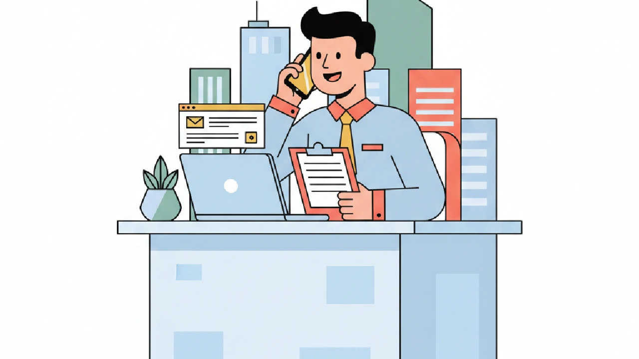 Flat vector illustration about CRE Broker Prospecting Scripts: Cold Calls & Emails for commercial real estate professionals