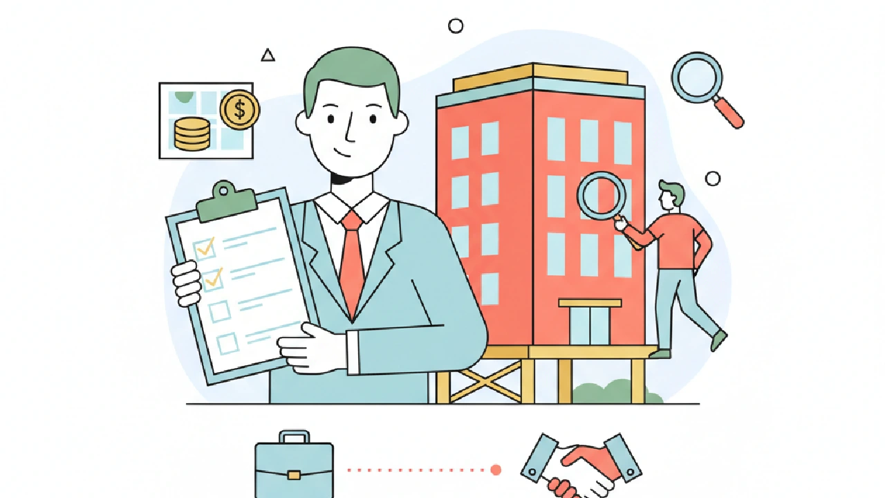 Woman checking a giant clipboard checklist with building icons, signifying real estate due diligence.