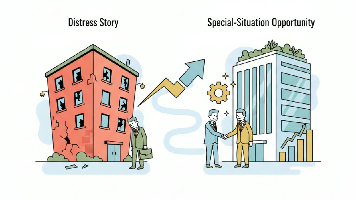Flat vector illustration about Office 2.0: From Distress Story To Special‑Situation Opportunity for commercial real estate pr