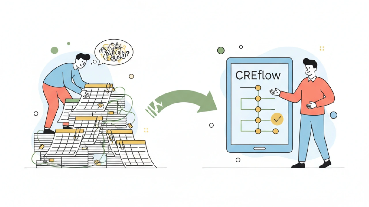 Two figures, one a person happily leaping over a stack of spreadsheets to a modern CREflow dashboard.