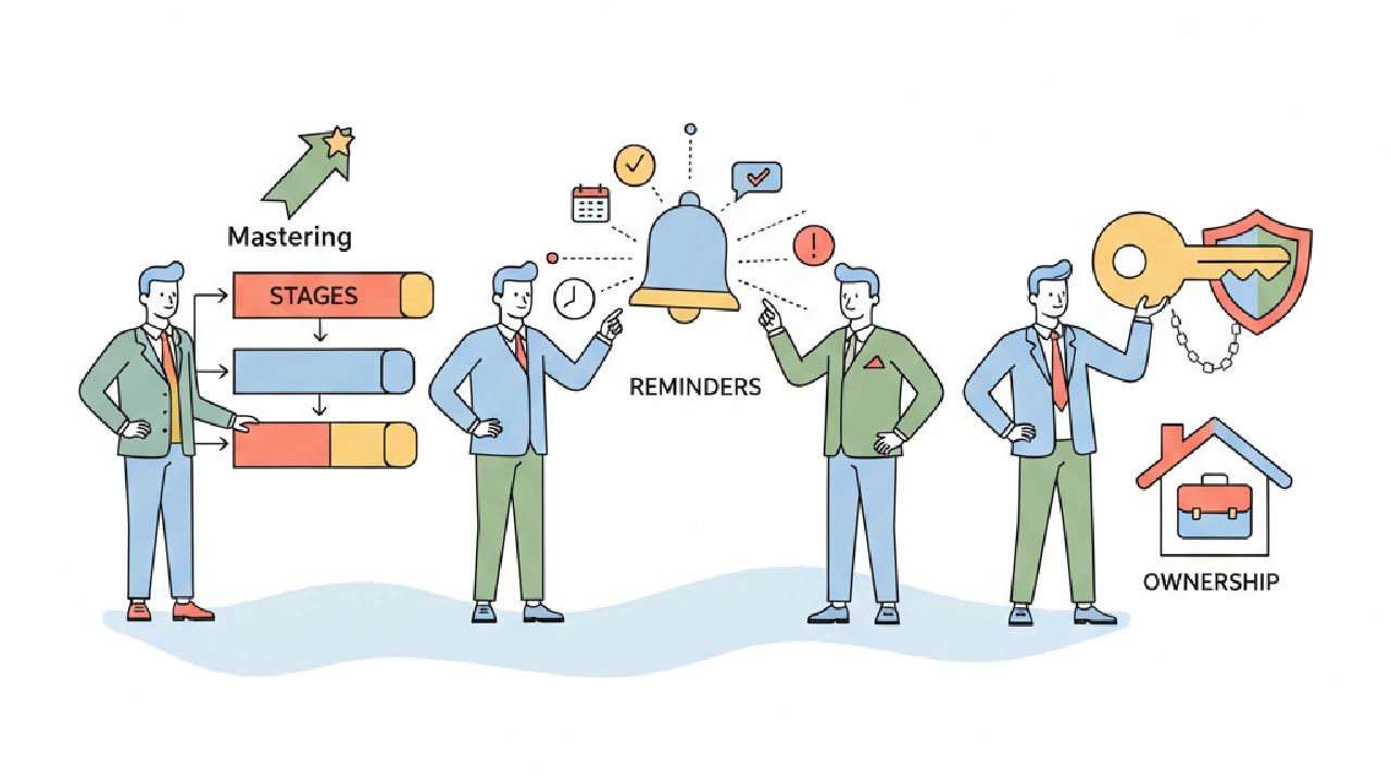 Flat vector illustration about CREflow Setup: Mastering Your Stages, Reminders, and Ownership for commercial real estate prof