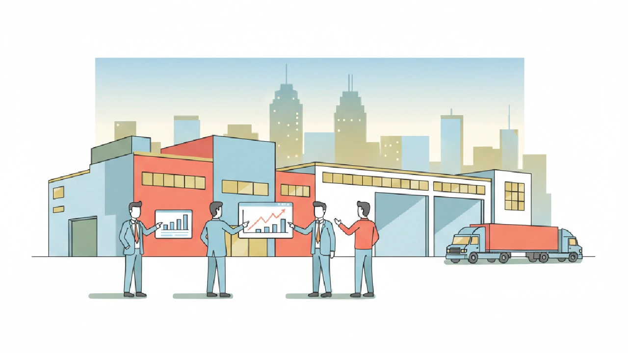 Flat vector illustration about Detroit Industrial Warehouse Investing: Comps, Vacancy, Rent Trends for commercial real estate