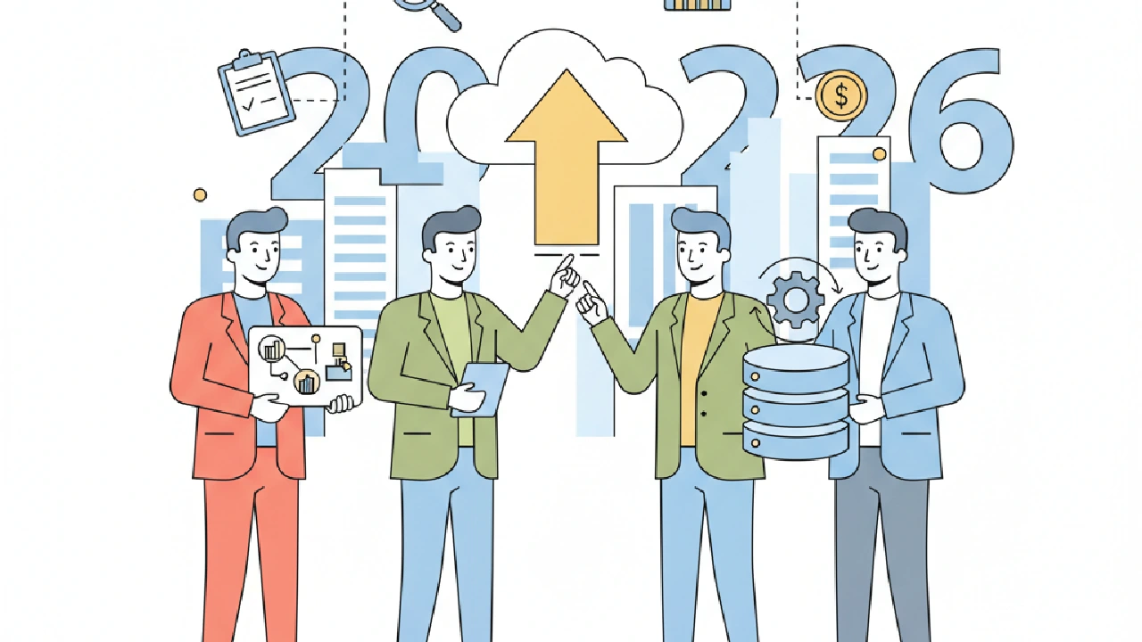 Vector illustration: Hand holding pen points to "CRM" on a graph, above city skyline, symbolizing real estate decisions.