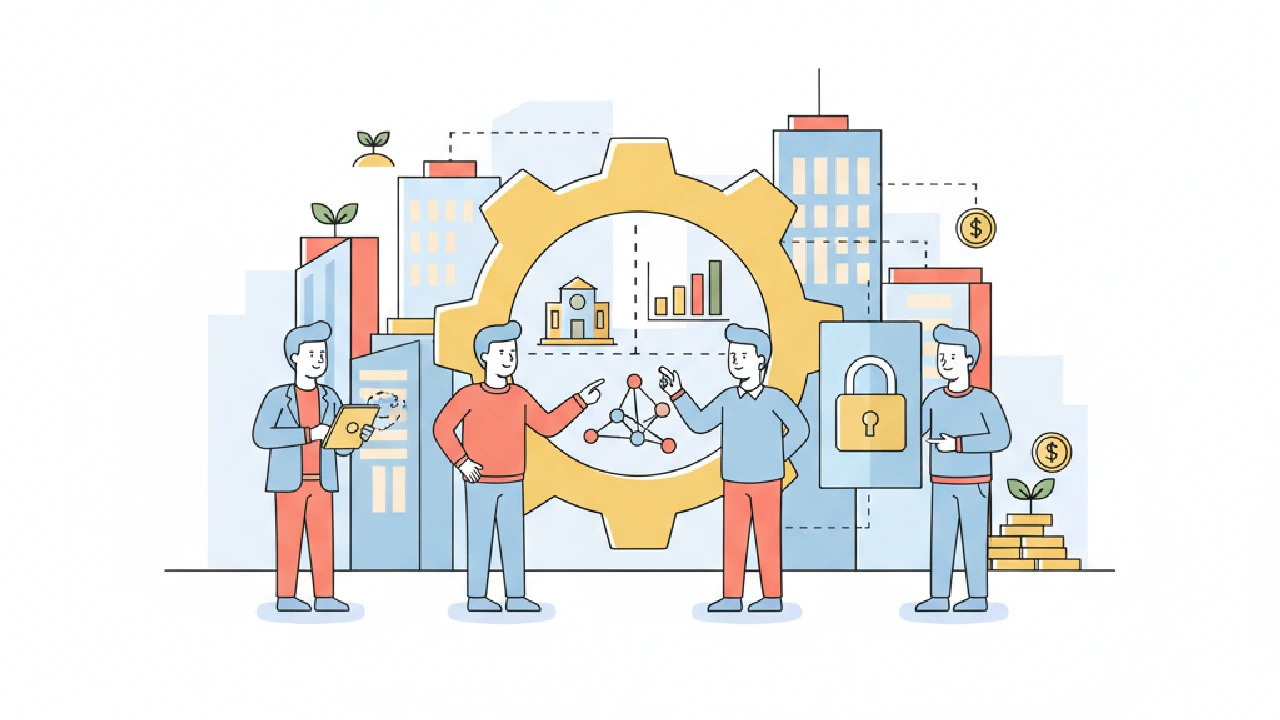 Flat vector illustration with office buildings, a laptop, and data points, symbolizing commercial real estate software.
