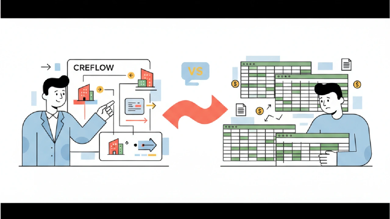 Vector illustration: A simplified 3D graph comparing CREflow and spreadsheets, with green and red bars.