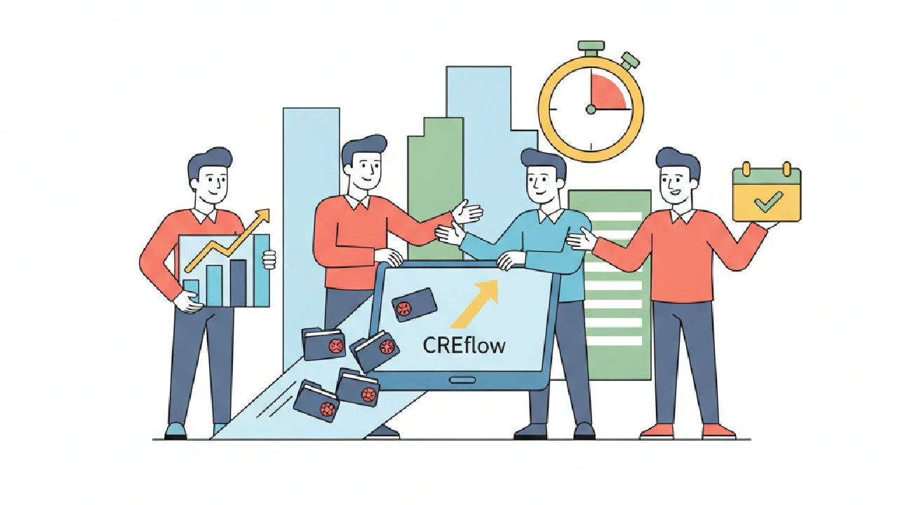 Vector illustration: Small CRE team collaborating on laptops, a pie chart with fewer missed follow-ups, and building icons.