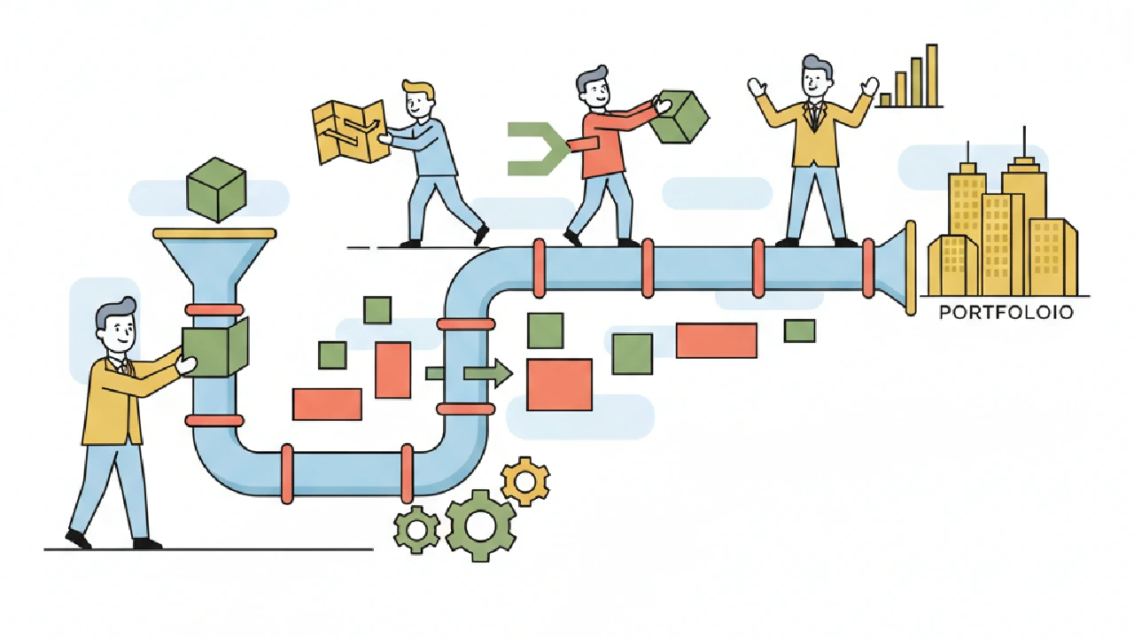 A stylized, flat vector illustration. A person at a desk manages a commercial real estate pipeline on a computer.