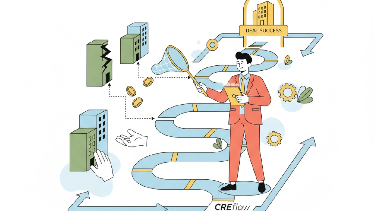 Flat vector illustration about CREflow for Solo CRE Investors: how to stop deals from slipping for commercial real estate pro