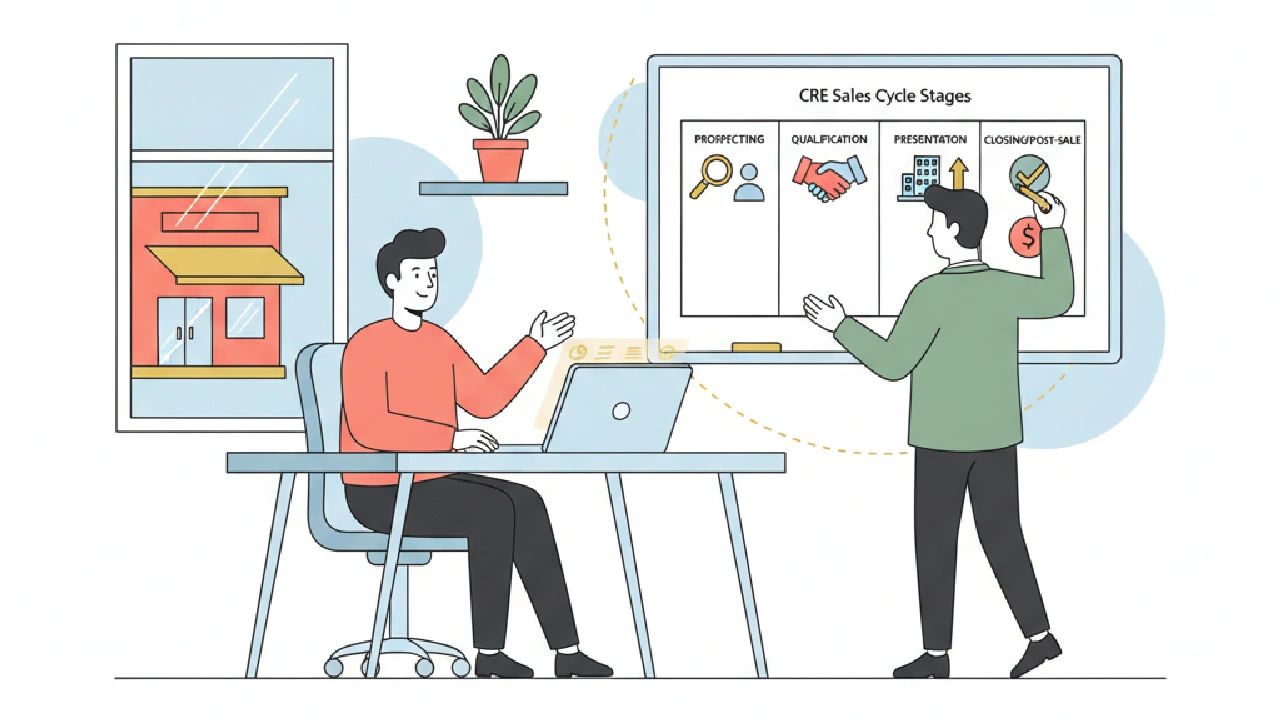 Flat vector illustration about CRE Sales Cycle: Stage-by-Stage Playbook for Brokers for commercial real estate professionals