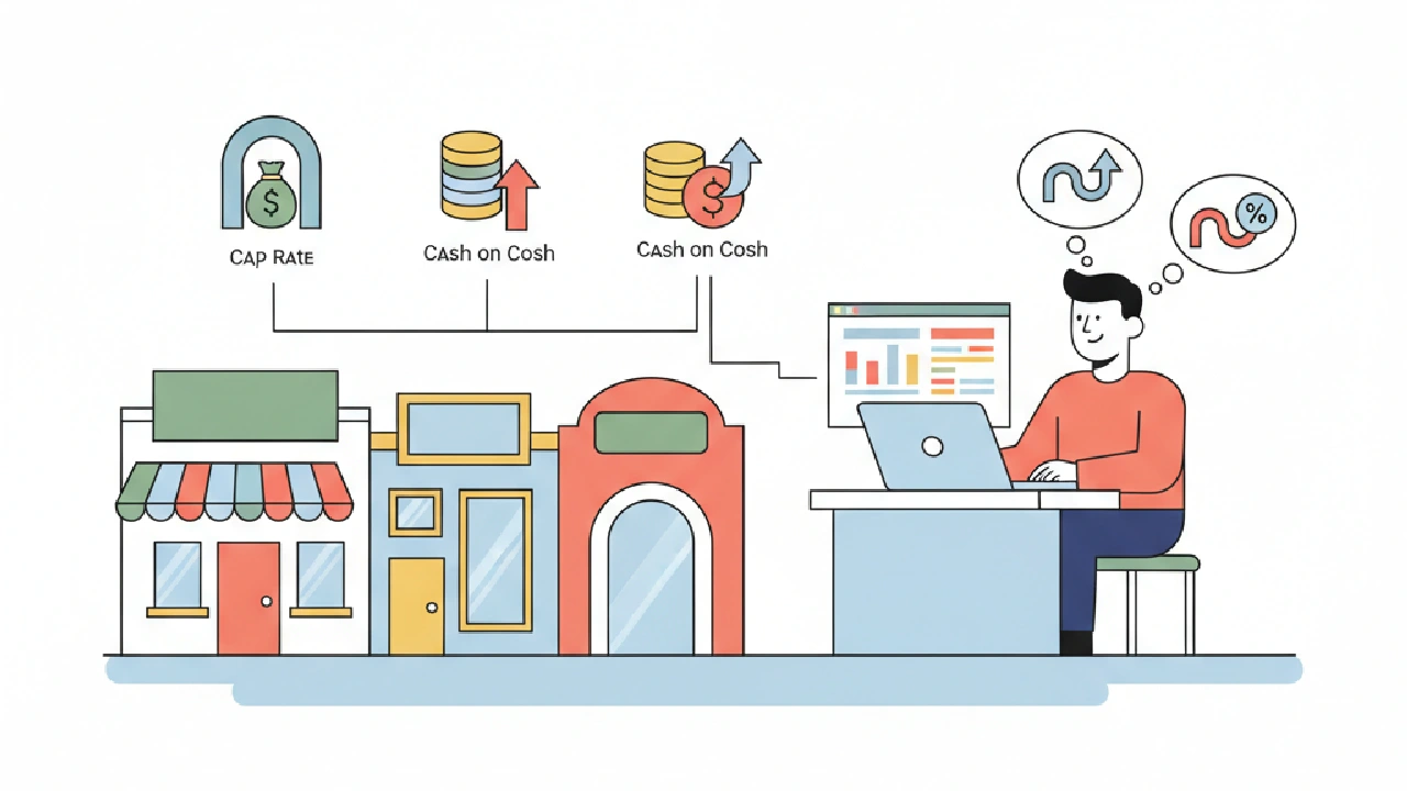 Flat vector illustration about Cap Rate vs Cash on Cash vs IRR — Pick the Right Metric for commercial real estate professiona