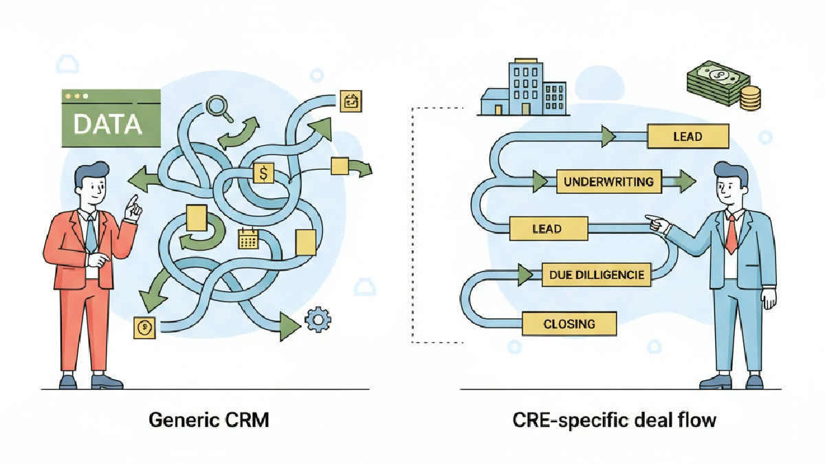 Flat vector illustration about Generic CRM vs CRE-specific deal flow: Operator guide for commercial real estate professionals